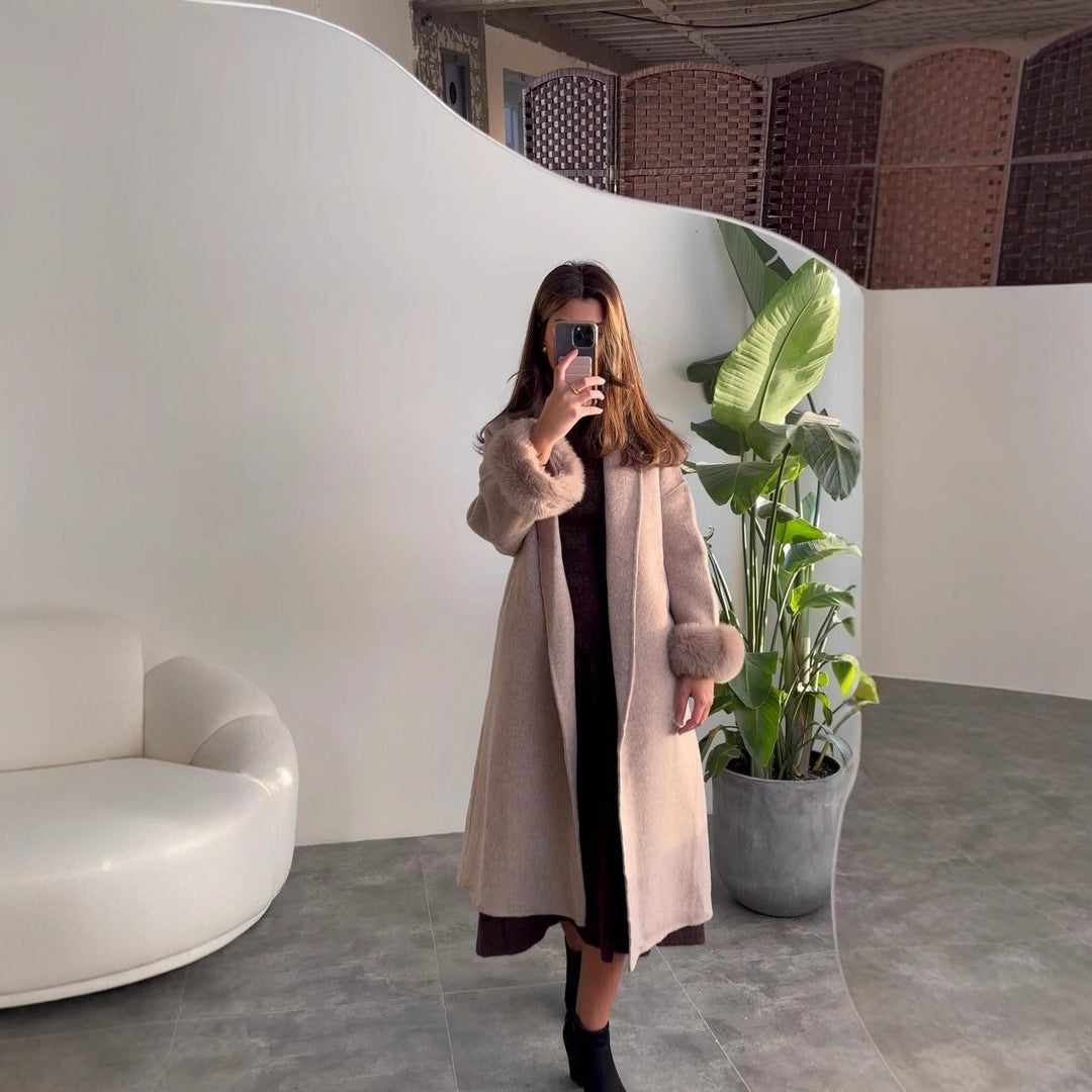Damen Elegante Langjacke mit abnehmbaren Fuchsärmeln Drune