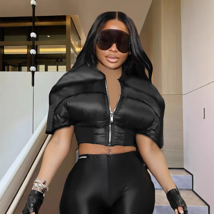 Damen modische cropped Jacke mit voluminösen Puffärmeln Drune