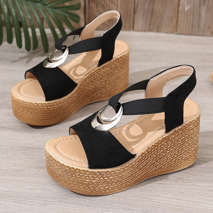 Damen nan Plateausandalette im Retrostil mit Jute-Optik, dekorativem Metallornament und elastischem Fersenriemen Drune