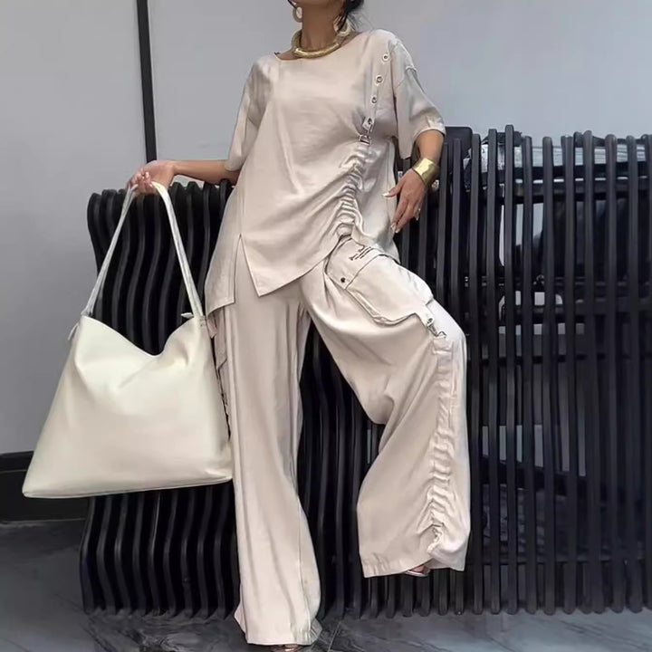 Damen nan lässiges zweiteiliges Ensemble mit geraffter Oversize-Bluse und Cargo-Palazzohose Drune