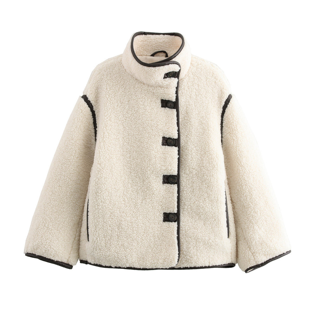 Damen kuschelige Fleecejacke mit hohem Kragen und dekorativen Knopfdetails Drune