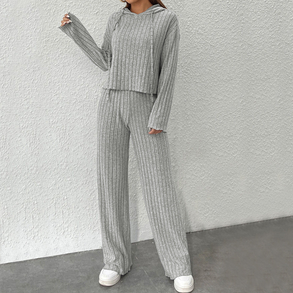 Damen gemütliches Strick-Set mit lässigem Hoodie und weitem Bein Drune