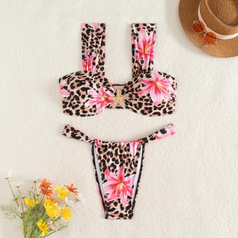 Damen Bikini-Set mit floralem Leopardenmuster und elegantem Knotendetail Drune