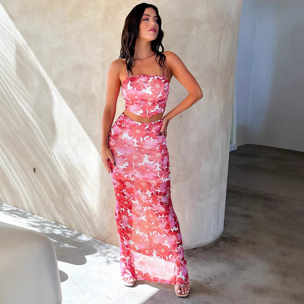 Damen Elegantes Crop-Top und Maxirock-Set mit floralem Design Drune