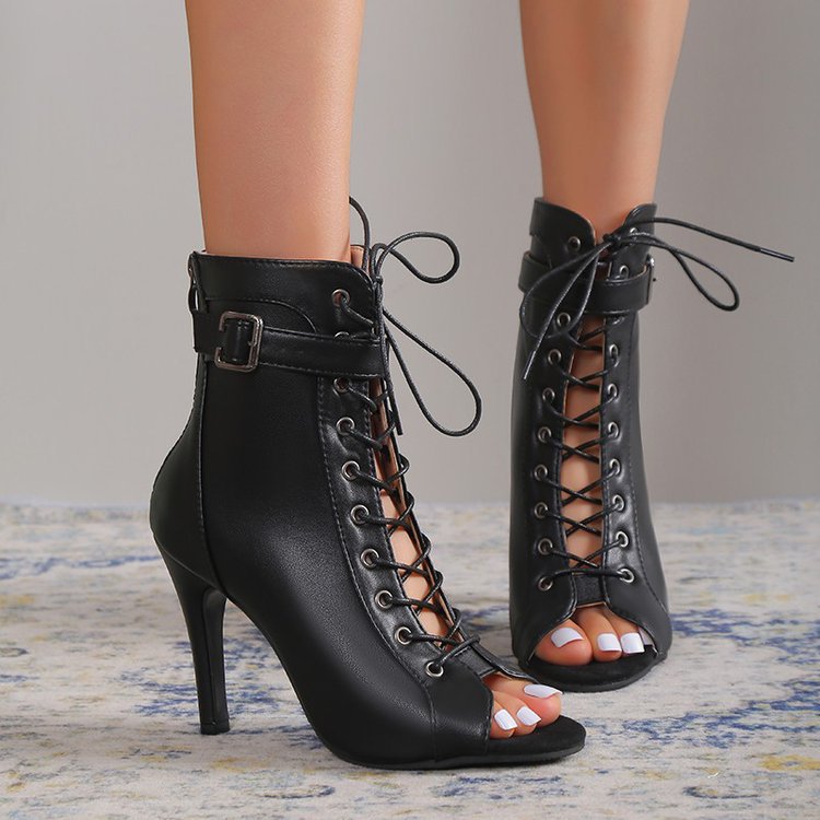 Damen Schnürstiefeletten mit offenem Zehenbereich und hohem Absatz Drune