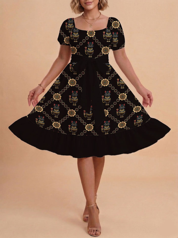 Damen Retro Maxikleid mit Puffärmeln und Taillengürtel Drune