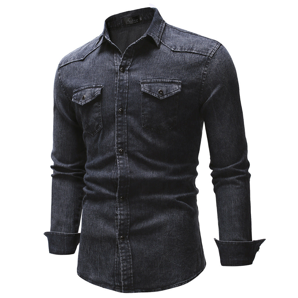 Herren nan oversized Denim-Hemdenjacke mit geschwungenem Saum und aufgesetzten Pattentaschen Drune