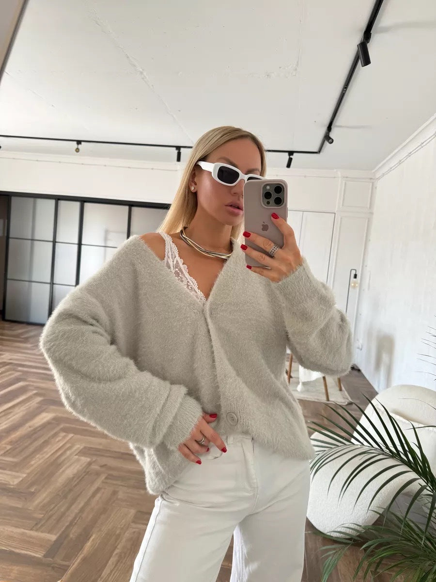 Damen kuscheliger Cardigan mit V-Ausschnitt und weichen Ärmeln Drune