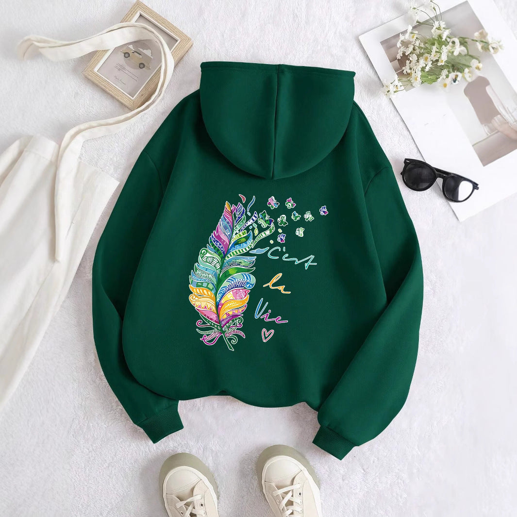 Damen lässiger Kapuzenpullover mit buntem Federdesign und inspirierendem Schriftzug Drune