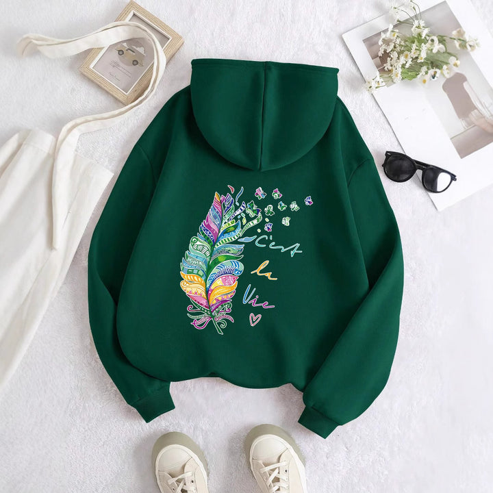 Damen lässiger Kapuzenpullover mit buntem Federdesign und inspirierendem Schriftzug Drune