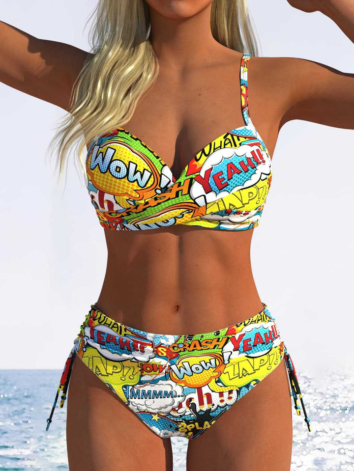 Damen Bikini-Set mit verspieltem Comic-Print und verstellbaren Seitenschnüren Drune