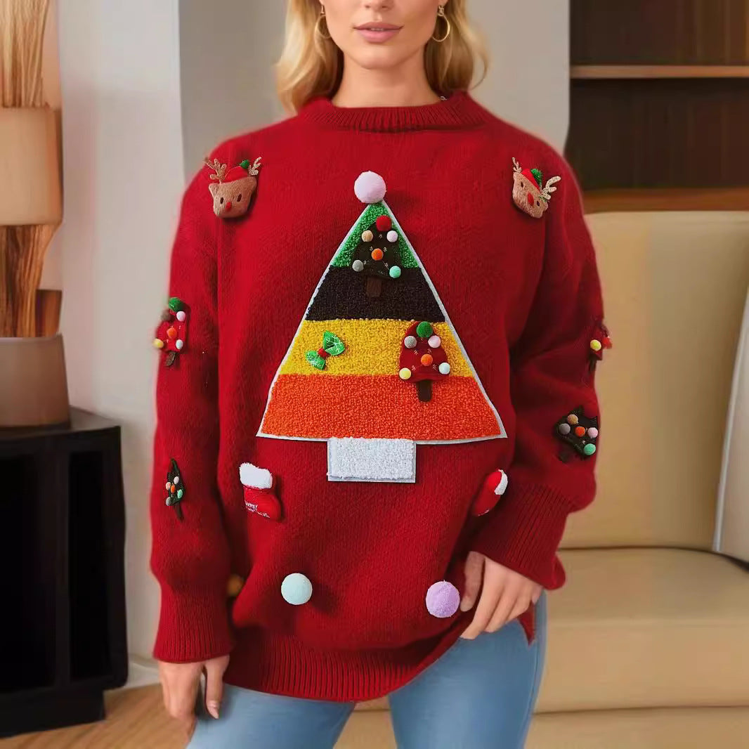 Damen Weihnachts-Pullover mit fröhlichem Weihnachtsbaum-Design und 3D-Applikationen Drune