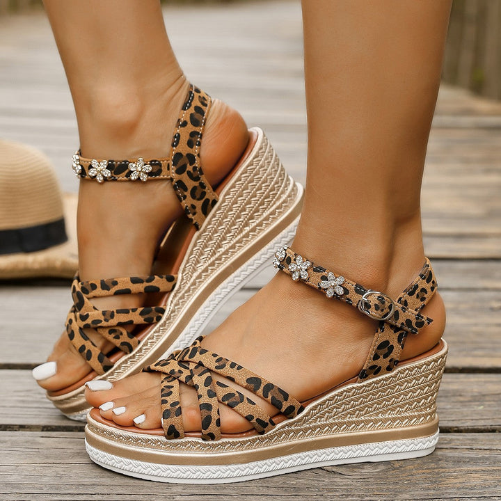 Damen Wedge-Sandalen mit dekorativen Riemen und modischem Leopardenmuster Drune