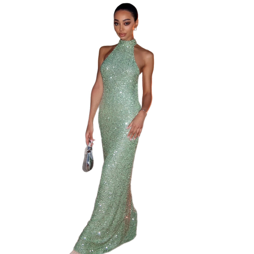 Damen Glitzerndes Abendkleid mit hohem Kragen und figurbetontem Schnitt Drune