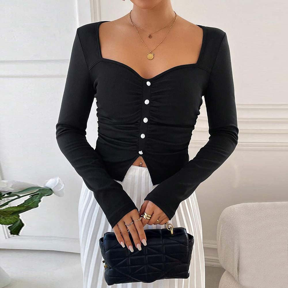 Damen langärmliges Crop-Top mit dekorativem Knopfdetail und gerafftem Design Drune