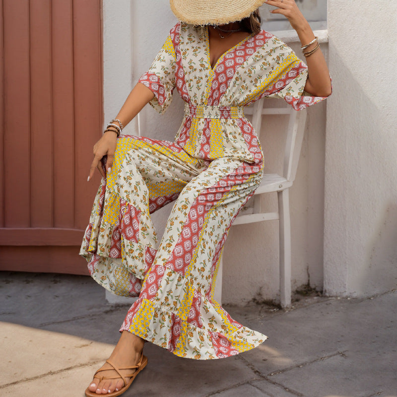 Damen lässiger Jumpsuit mit floralem Muster und weiten Beinen Drune