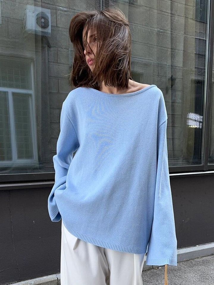 Damen Relaxed Fit Pullover mit tiefem Rundhalsausschnitt und weiten Ärmeln Drune