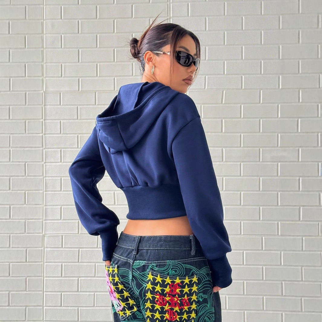 Damen cropped Kapuzenpullover mit Reißverschluss und breiten Ärmeln Drune