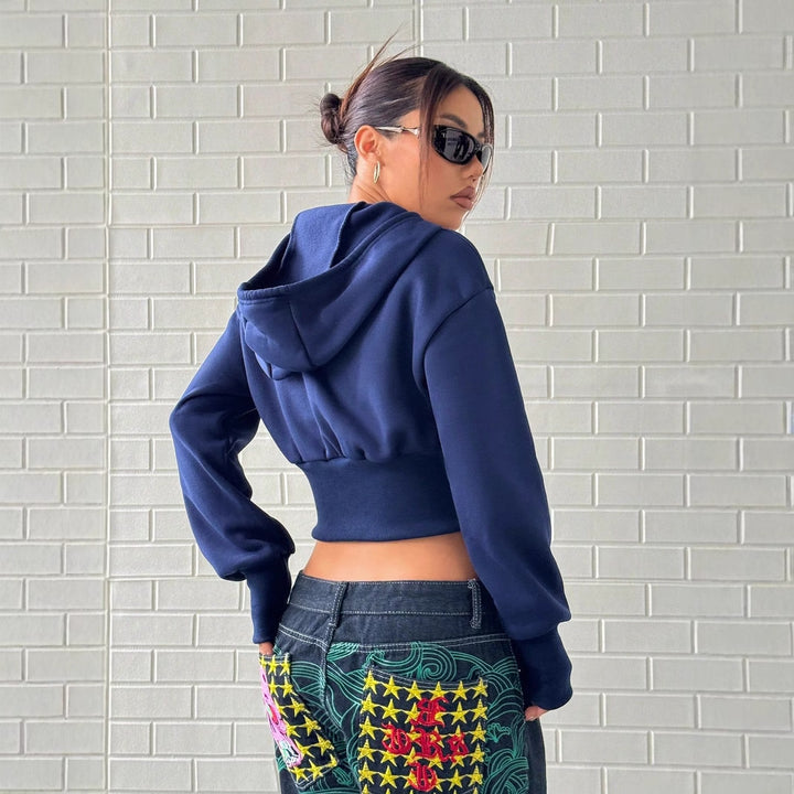 Damen cropped Kapuzenpullover mit Reißverschluss und breiten Ärmeln Drune