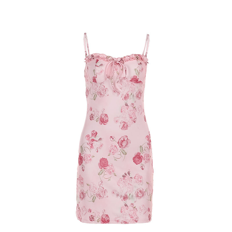 Damen Blumen Kleid mit verstellbaren Spaghetti-Trägern und süßem Rüschendetail Drune