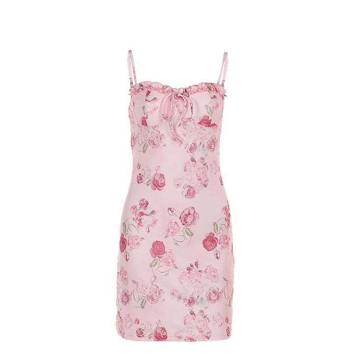 Damen Blumen Kleid mit verstellbaren Spaghetti-Trägern und süßem Rüschendetail Drune