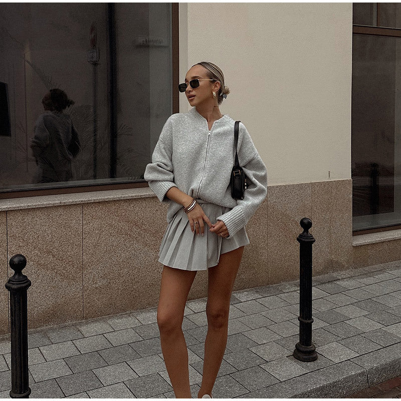 Damen lässige Strickjacke mit hohem Kragen und Reißverschluss Drune
