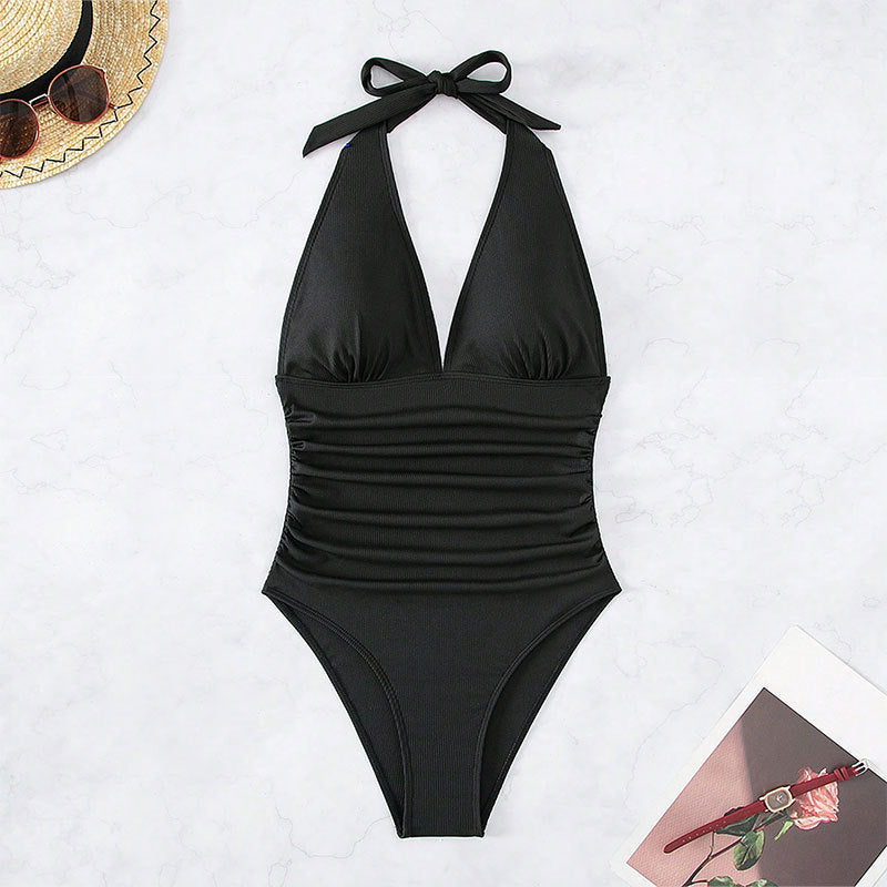 Damen Einteiler Badeanzug mit tiefem V-Ausschnitt und figurformendem Design Drune