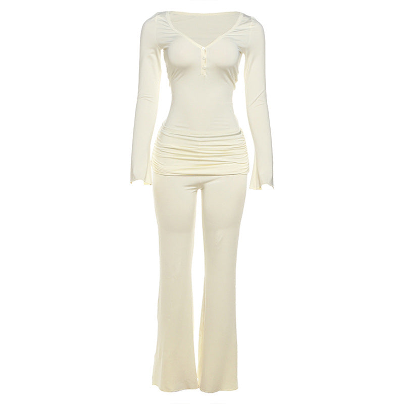 Damen Bequemer Jumpsuit mit langem Arm und Raffung Drune