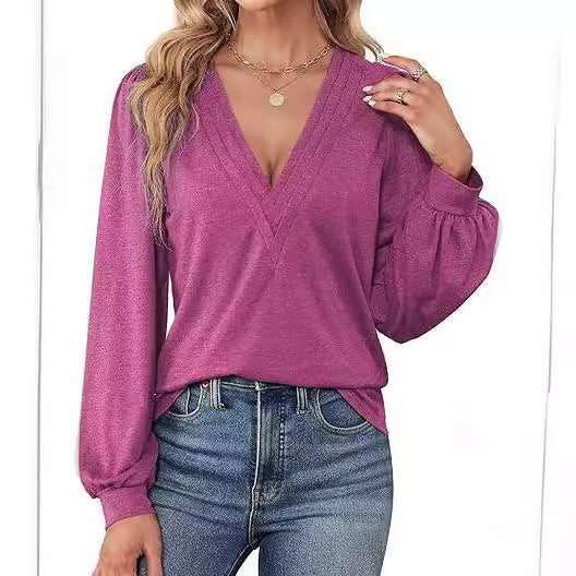 Damen elegantes Oberteil mit V-Ausschnitt und Puffärmeln Drune