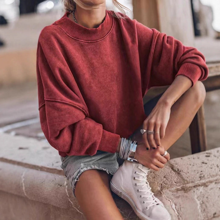 Damen lässiger Sweatshirt mit hohem Kragen und überschnittenen Schultern Drune
