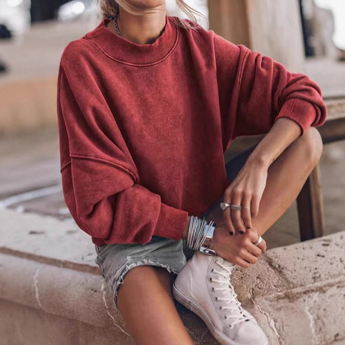 Damen lässiger Sweatshirt mit hohem Kragen und überschnittenen Schultern Drune