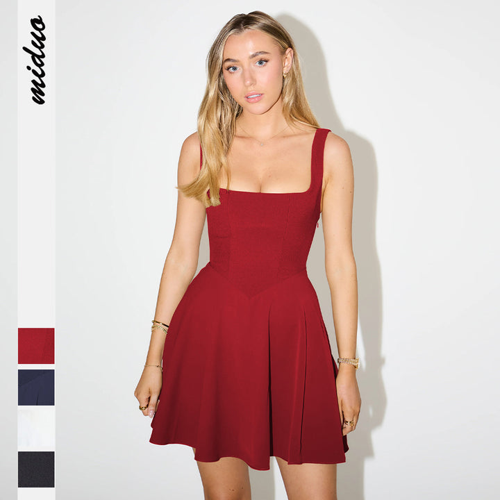 Damen schulterfreies Minikleid mit elegantem Quadrat-Ausschnitt und schwingendem Rock Drune