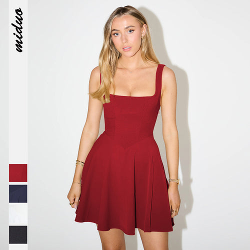 Damen schulterfreies Minikleid mit elegantem Quadrat-Ausschnitt und schwingendem Rock Drune