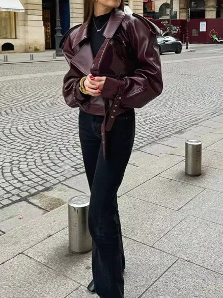 Damen Trendige Oversized-Lederjacke mit strukturierten Schulterpolstern und Taillengürtel Drune