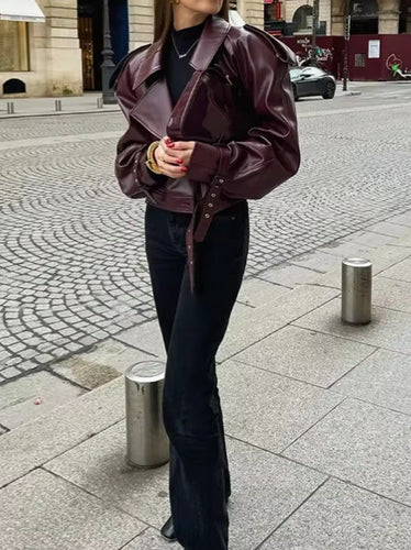 Damen Trendige Oversized-Lederjacke mit strukturierten Schulterpolstern und Taillengürtel Drune