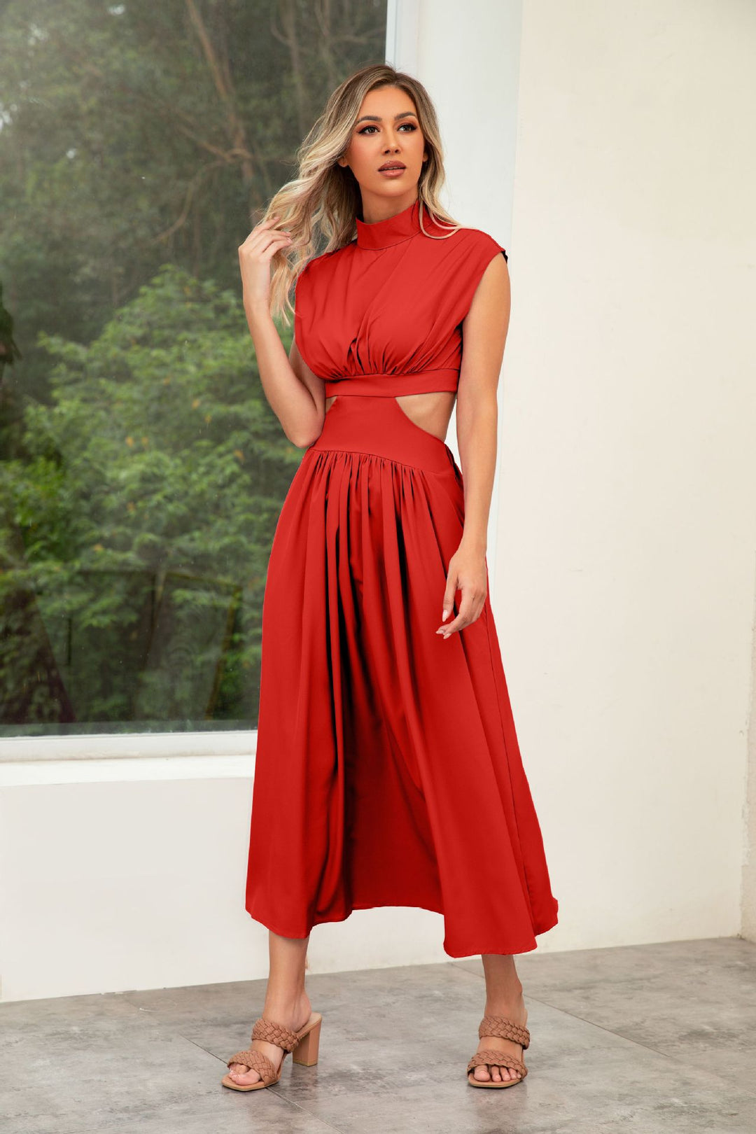 Damen Cut-Out Sommerkleid mit hohem Kragen Drune