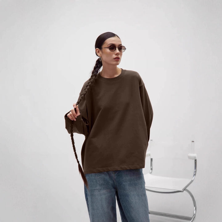 Damen lässiges Langarmshirt mit Rundhalsausschnitt und weichem Baumwollstoff Drune