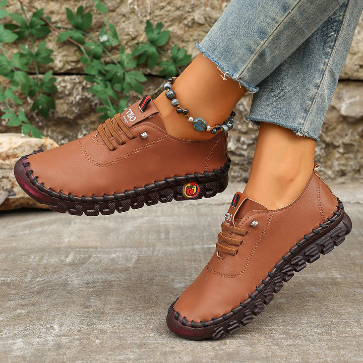 Damen Freizeit-Leder-Sneaker mit elastischen Schnürsenkeln und rutschfester Sohle Drune