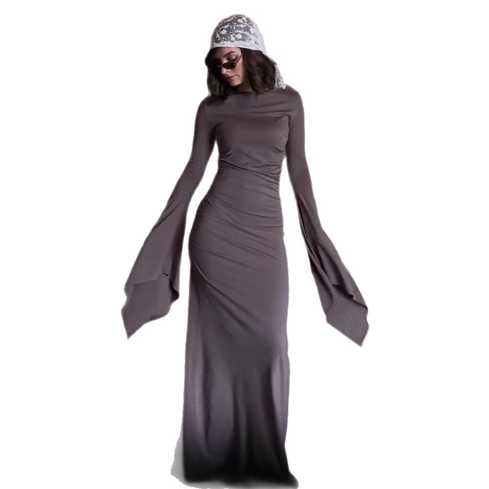 Damen elegantes Maxi-Kleid mit schwingenden Ärmeln und raffinierten Drapierungen Drune