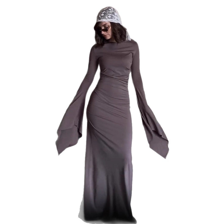 Damen elegantes Maxi-Kleid mit schwingenden Ärmeln und raffinierten Drapierungen Drune