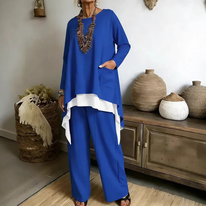 Damen lässiges Ensemble aus asymmetrischem Oberteil und weitem Hosen Drune