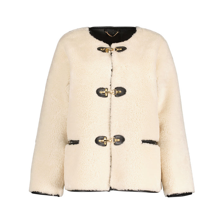 Damen kuschelige Teddy-Jacke mit hochwertiger Lederverarbeitung Drune