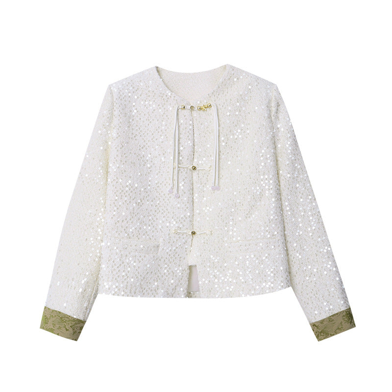 Damen Elegante Bouclé-Jacke mit Pailletten und kontrastierenden Ärmeln Drune