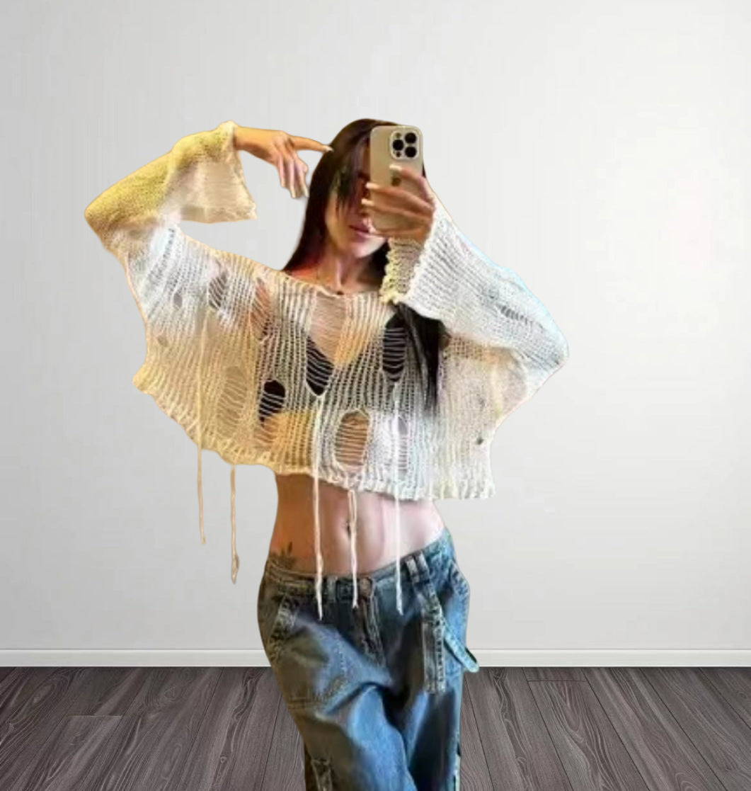 Damen Modisches Cropped-Top mit luftiger Strickstruktur und offenen Maschen Drune