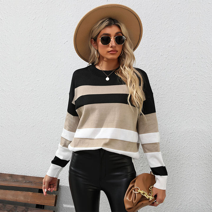 Damen gestreifter Pullover mit lässigem Schnitt und modischen Kontrastdetails Drune