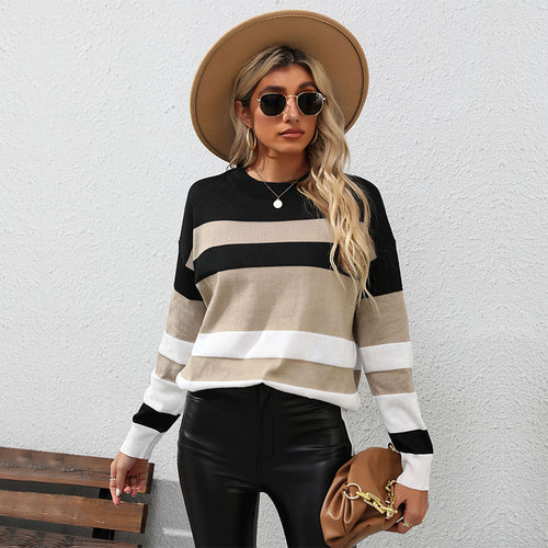 Damen gestreifter Pullover mit lässigem Schnitt und modischen Kontrastdetails Drune