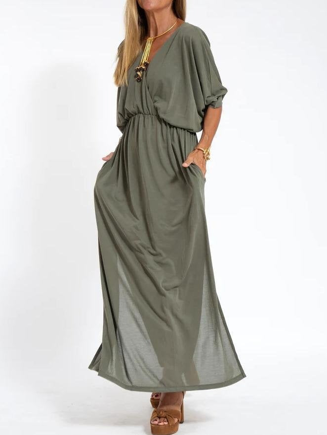 Damen elegantes Maxikleid mit seitlichem Schlitz und flexiblem Taillenbund Drune