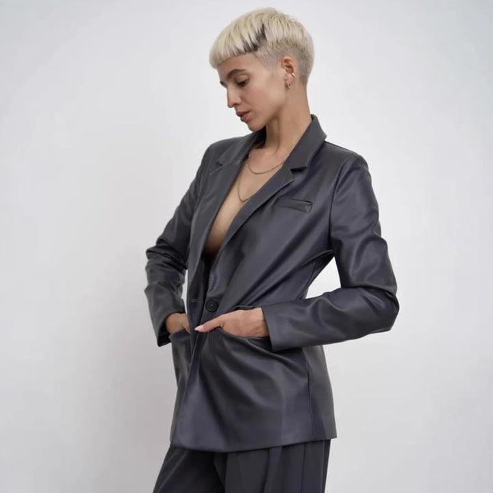 Damen minimalistische und elegante Kunstleder Blazer Drune