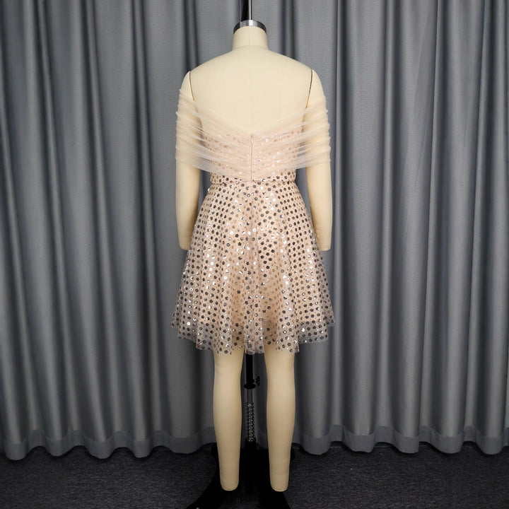 Damen Glamouröses Cocktailkleid mit transparentem Tüllüberzug und funkelnden Pailletten Drune