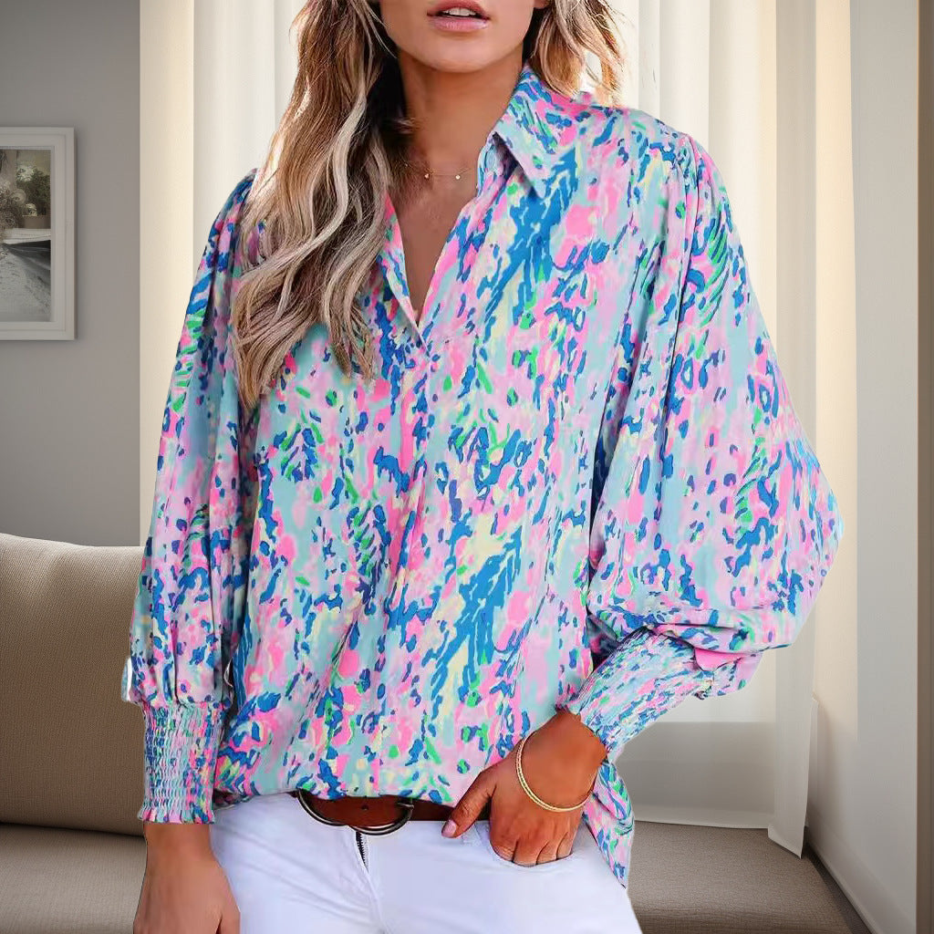 Damen Hemdbluse im lebhaften Blumendesign mit überschnittenen Schultern und elastischen Bündchen Drune